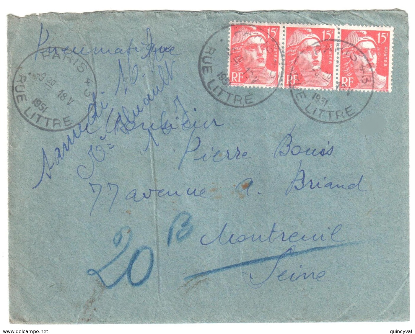 PARIS 43 Rue Littré Pneumatique Dest Montreuil Sous Bois 15F Gandon Rouge Yv 813 Ob 3 4 1951 - Cartas & Documentos