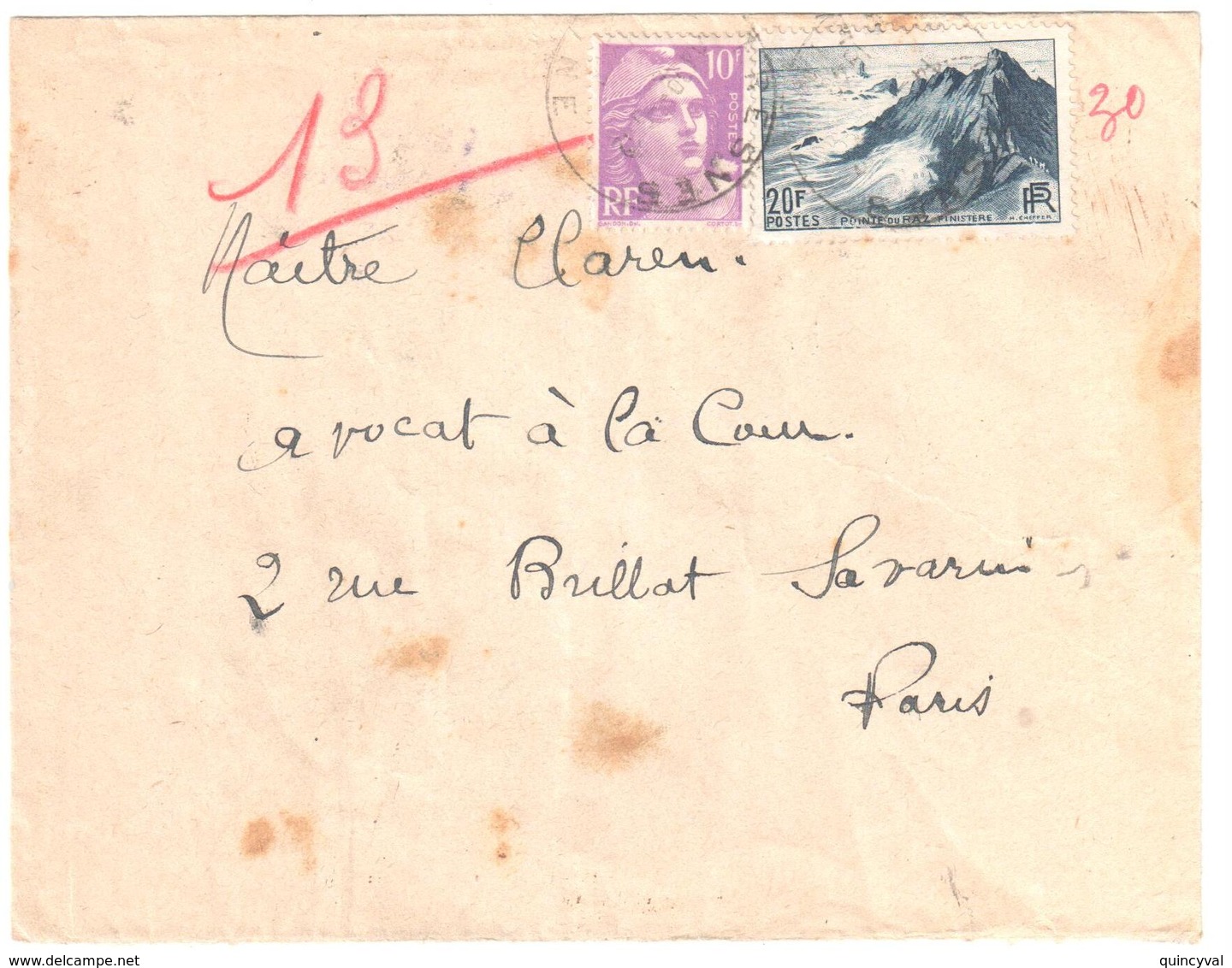 FRESNES Seine Pneumatique Dest Paris 10F Gandon 20 F Point Du Raz Yv 811 764 Ob 6 12 1948 - Briefe U. Dokumente