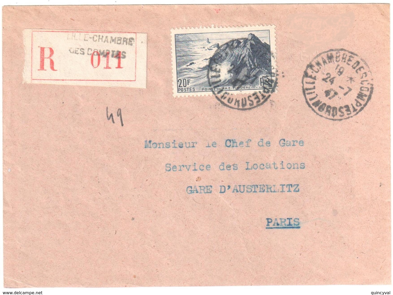 LILLE CHAMBRE DES COMPTES Nord Lettre Recommandée 20F Pointe Du Raz Yv Ob 24 7 1947 Tf 8/7/47 - Storia Postale