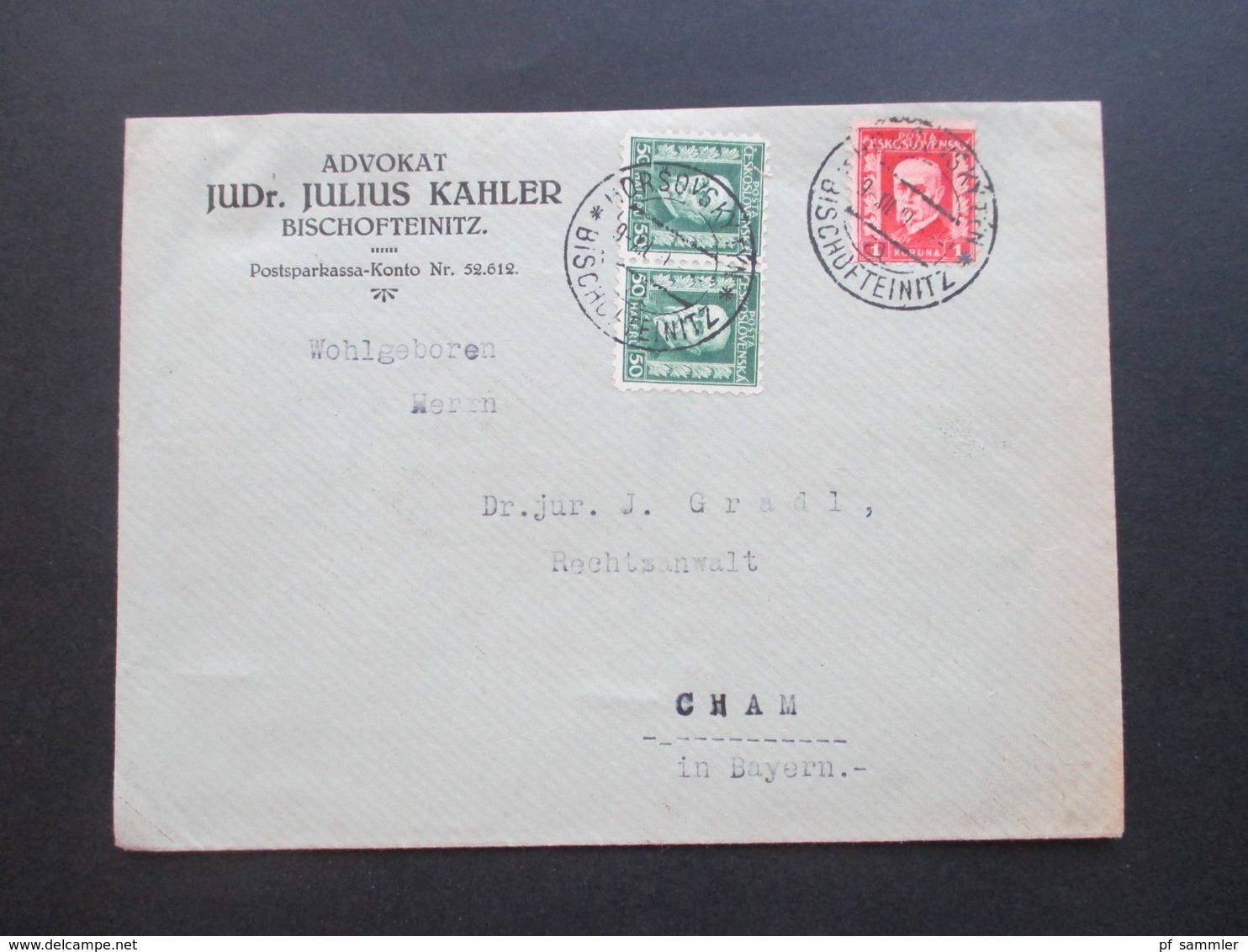 CSSR / Sudetenland 1929 Beleg Aus Bischofteinitz Advokat JUDr. Julius Kahler Zweisprachiger Stempel - Lettres & Documents