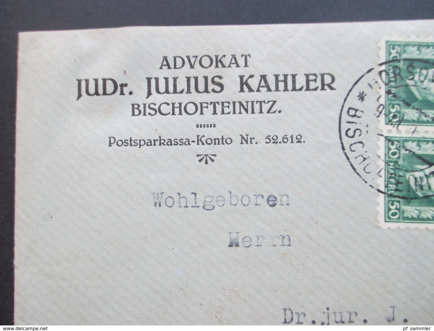 CSSR / Sudetenland 1929 Beleg Aus Bischofteinitz Advokat JUDr. Julius Kahler Zweisprachiger Stempel - Brieven En Documenten