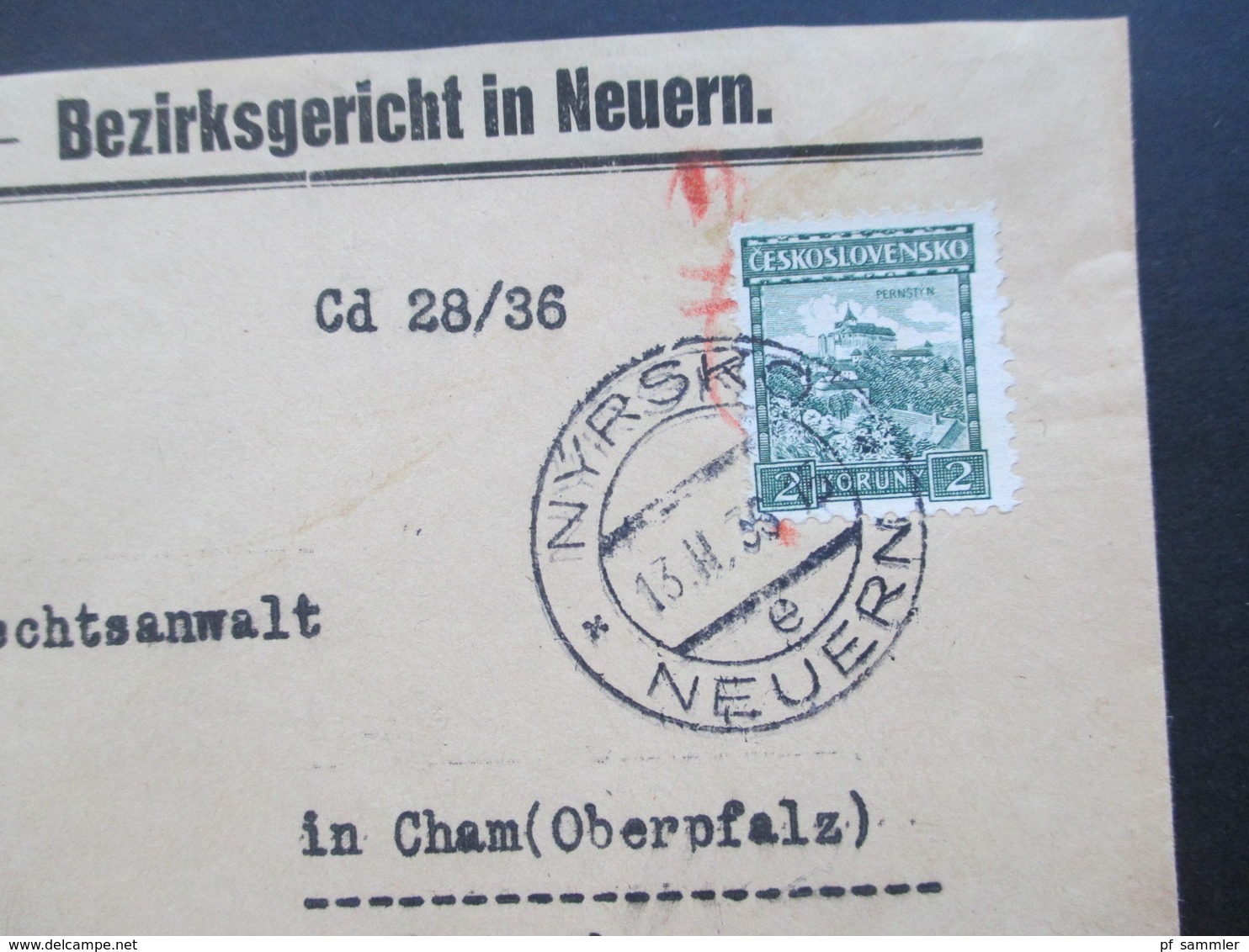 CSSR / Sudetenland 1936 Beleg Des Bezirksgericht In Neuern Zweisprachiger Stempel Nyrsko / Neuern - Brieven En Documenten