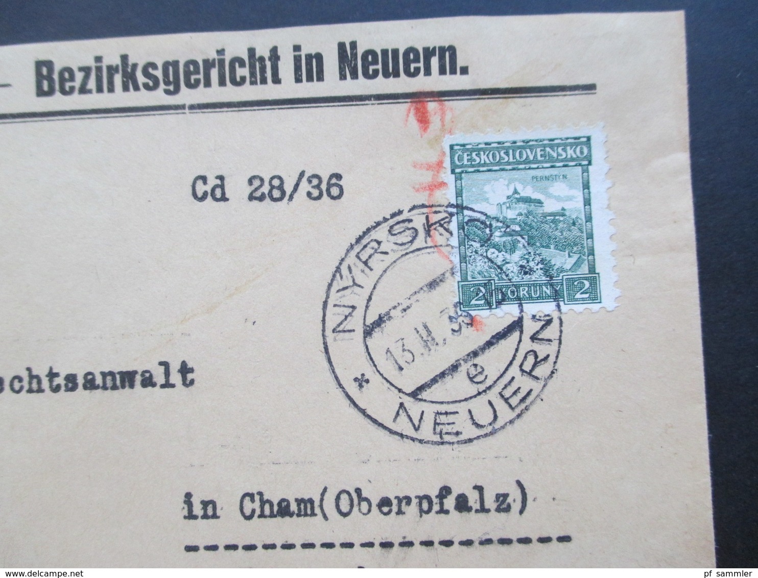 CSSR / Sudetenland 1936 Beleg Des Bezirksgericht In Neuern Zweisprachiger Stempel Nyrsko / Neuern - Covers & Documents