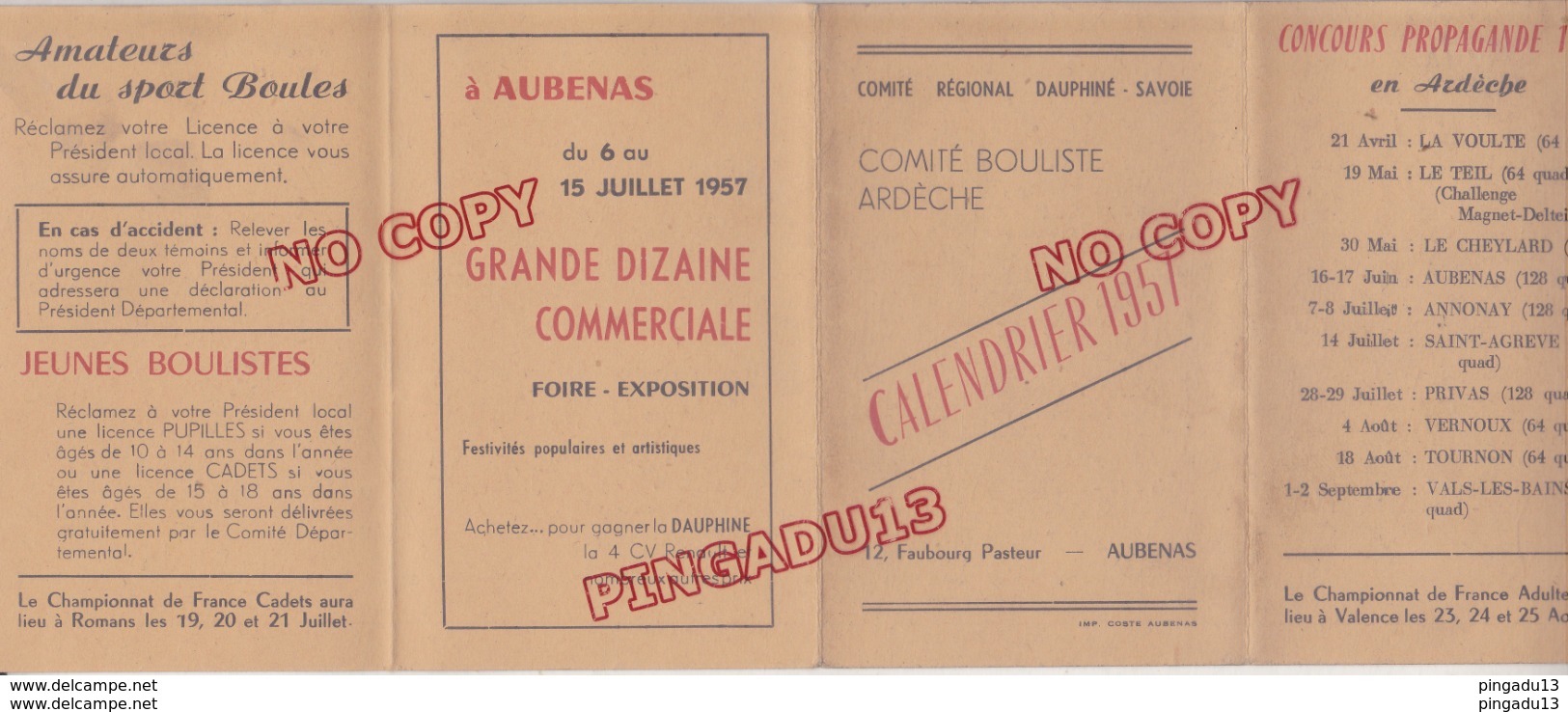 Au Plus Rapide Calendrier 1957 Comité Bouliste De L'Ardèche 12 Rue F Pasteur Aubenas Publicité Pastis Pec Boule - Bocce