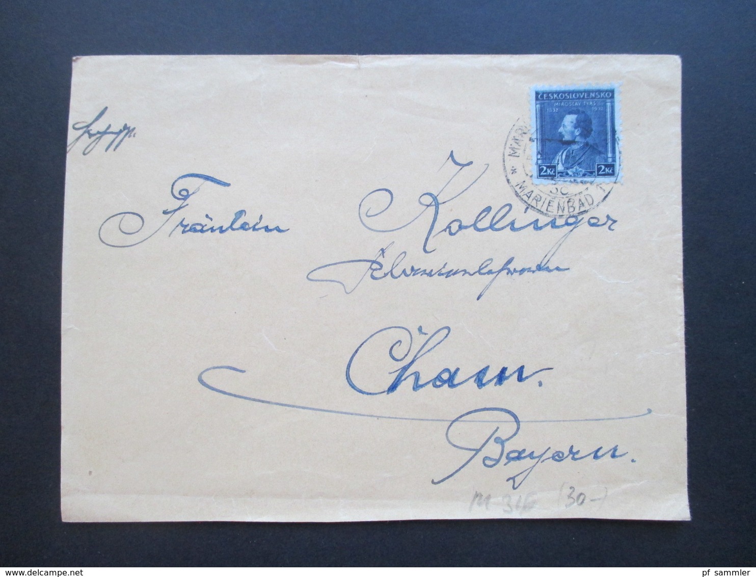 CSSR Böhmen 1933 Beleg Mit Michel Nr. 316 EF Nach Cham Zweisprachiger Stempel Marienburg Mit Ak Stempel - Brieven En Documenten