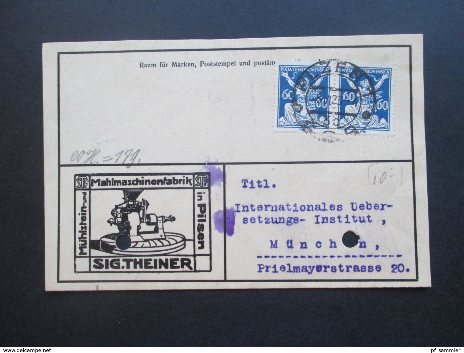 CSSR 1923 Dekorative Firmenkarte Mühlstein Und Mahlmaschinenfabrik In Pilsen Sig. Theiner - Brieven En Documenten