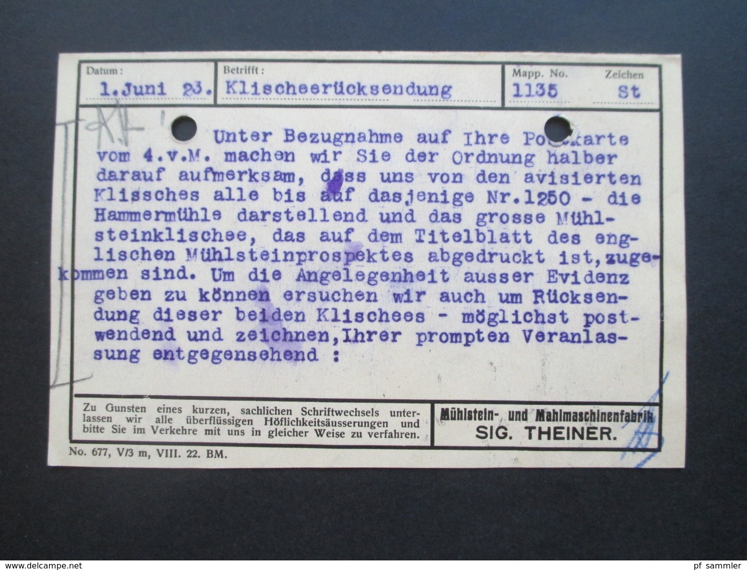 CSSR 1923 Dekorative Firmenkarte Mühlstein Und Mahlmaschinenfabrik In Pilsen Sig. Theiner - Storia Postale