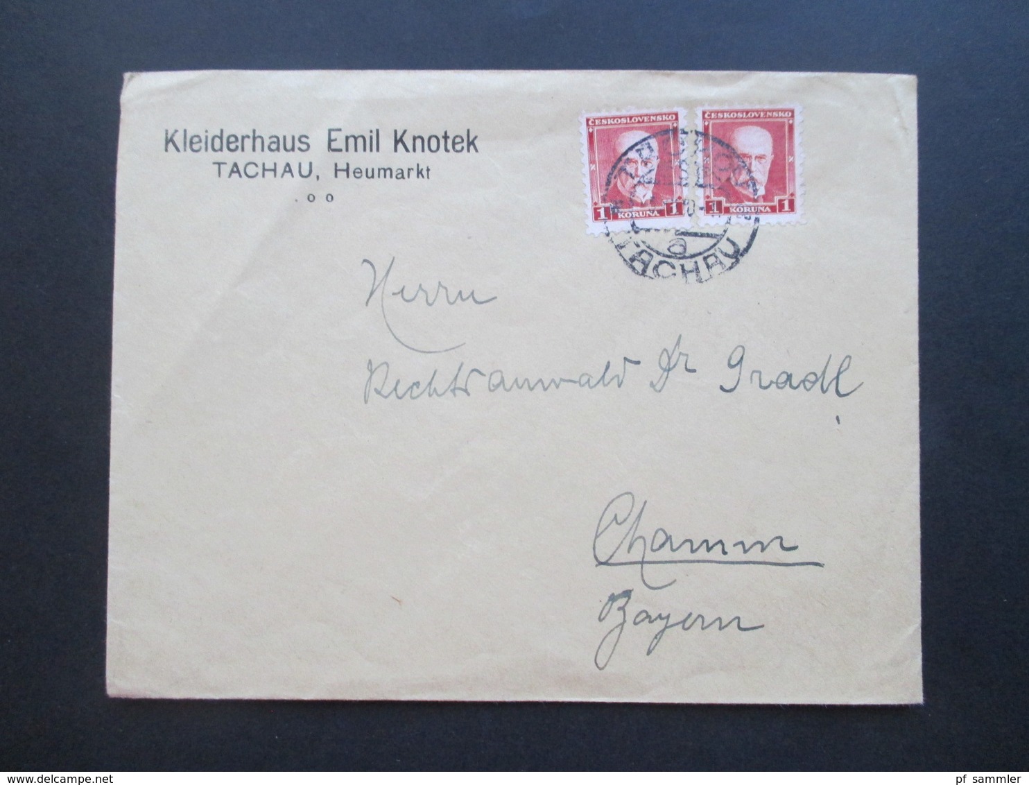 CSSR / Sudetenland 1930 Kleiderhaus Emil Knotek Tachau Heumarkt Zweisprachiger Stempel Tachov / Tachau - Lettres & Documents