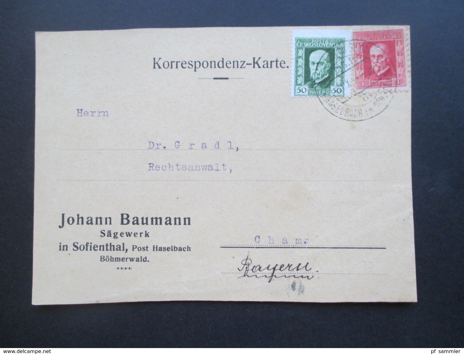 CSSR / Böhmen 1925 Korrespondenz Karte Johann Baumann Sägewerk In Sofienthal, Post Haselbach Böhmerwald - Storia Postale