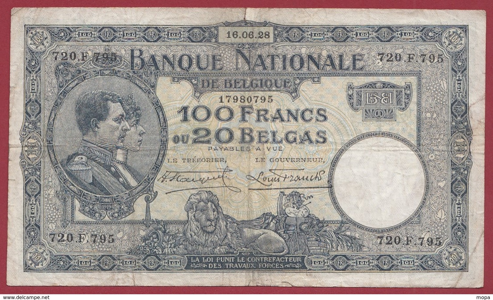 Belgique 100 Francs /20 Belgas Du 16/06/1928 Dans L 'état (6) - 100 Francs & 100 Francs-20 Belgas