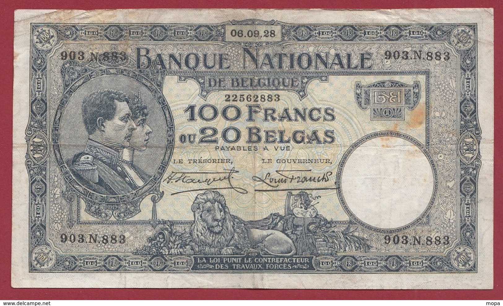 Belgique 100 Francs /20 Belgas Du 06/09/1928 Dans L 'état (13) - 100 Franchi & 100 Franchi-20 Belgas