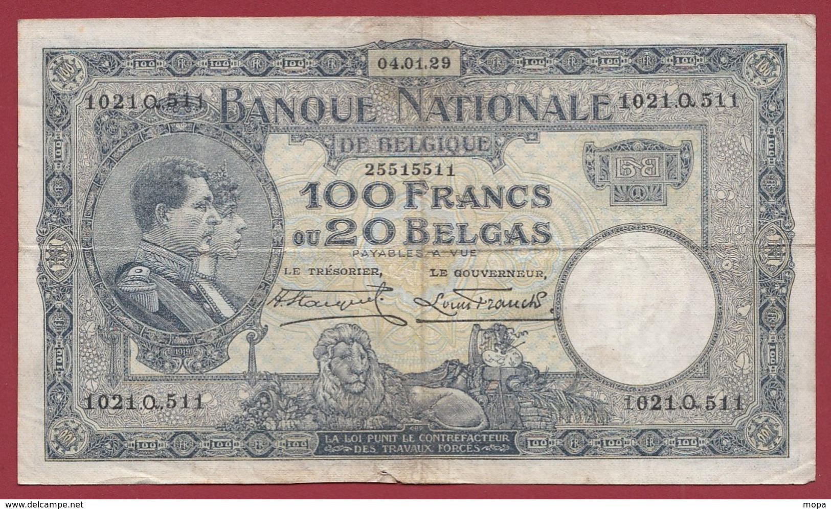 Belgique 100 Francs /20 Belgas Du 04/01/1929 Dans L 'état (15) - 100 Francs & 100 Francs-20 Belgas