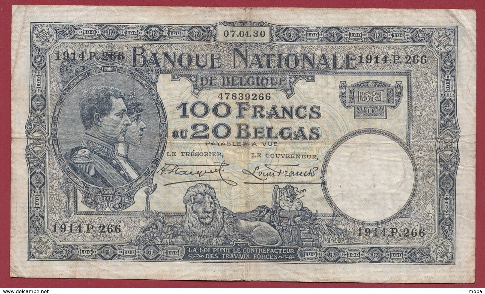 Belgique 100 Francs /20 Belgas Du 07/04/1930 Dans L 'état (19) - 100 Francs & 100 Francs-20 Belgas