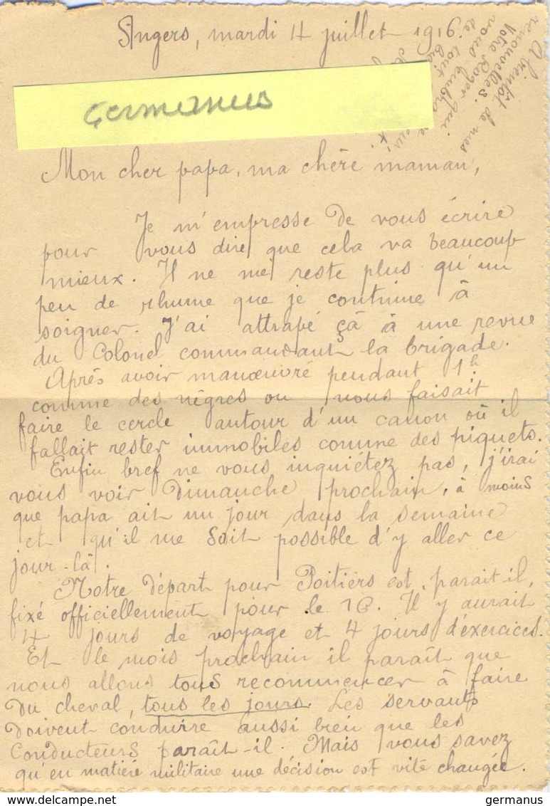 GUERRE 14-18 Envoi De R. LOURY CANONNIER Au 33e REGIMENT D'ARTILLERIE - ANGERS MAINE-ET-LOIRE Le Mardi 4 Juillet 1916 - Guerra Del 1914-18