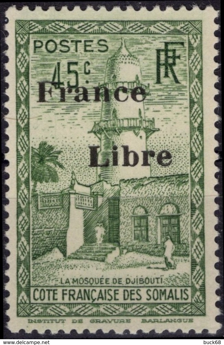 COTE DES SOMALIS Poste 215 ** MNH Sans Charnière Mosquée De Djibouti Surcharge FRANCE LIBRE (CV 6,96 €) - Unused Stamps