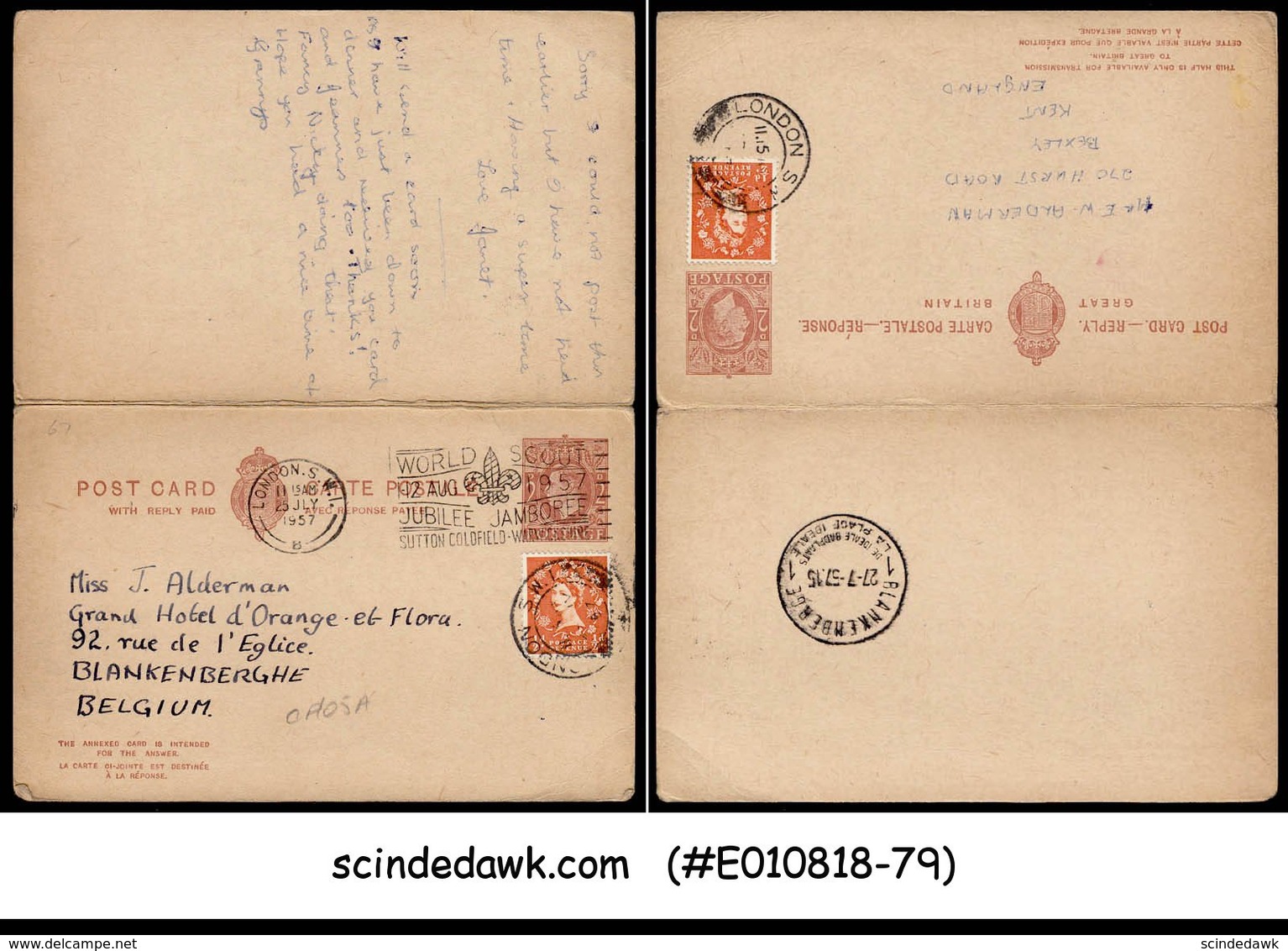 GREAT BRITAIN - 1957 KGVI POSTCARD UPRATED MAILED TO BELGIUM-SCOUT JUBILEE CANC - Sonstige & Ohne Zuordnung