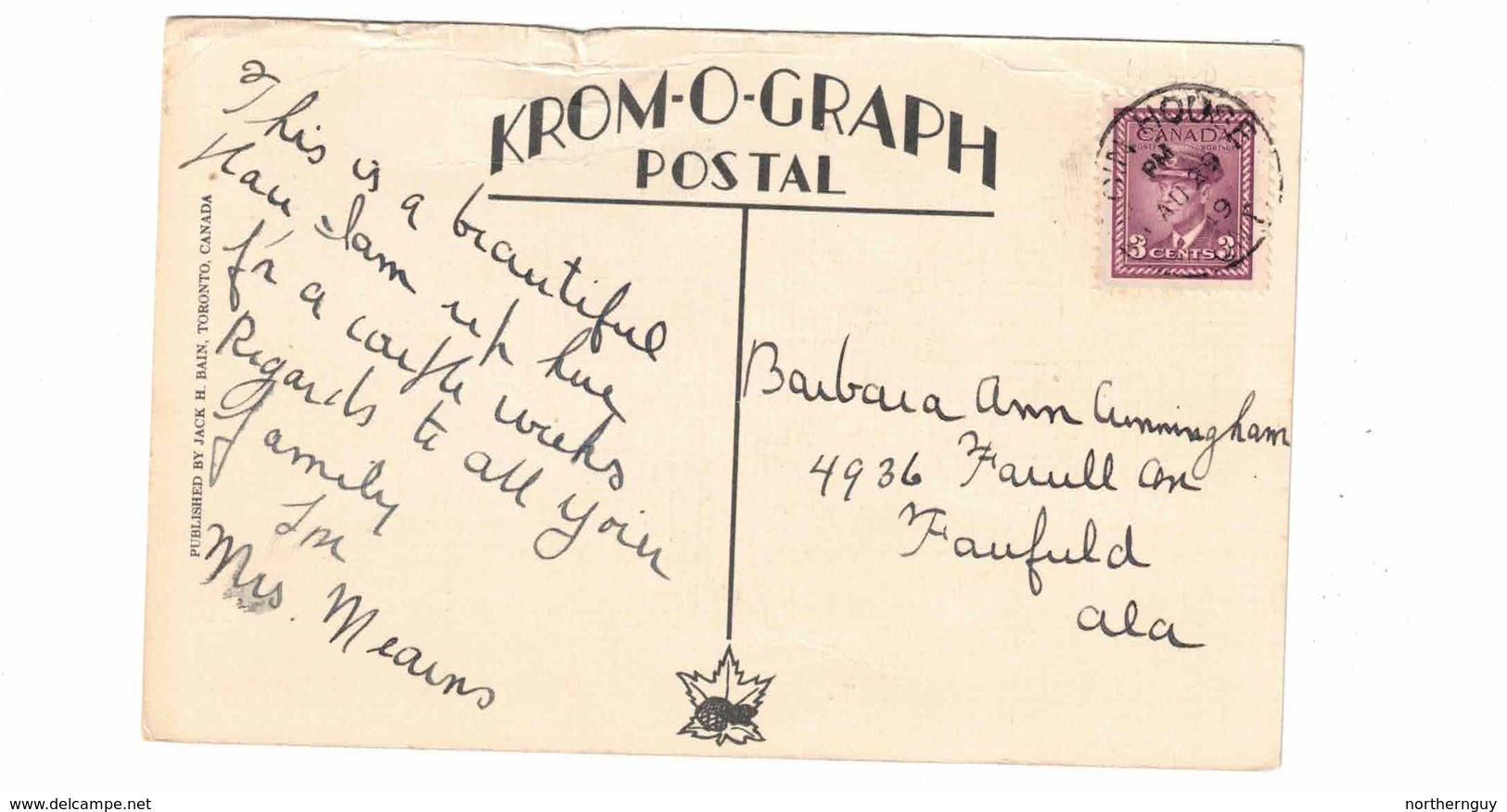 MUSKOKA, Ontario, Canada,  "North Lodge", Elgin House, Lake Joseph, 1949 WB Bain Postcard - Muskoka