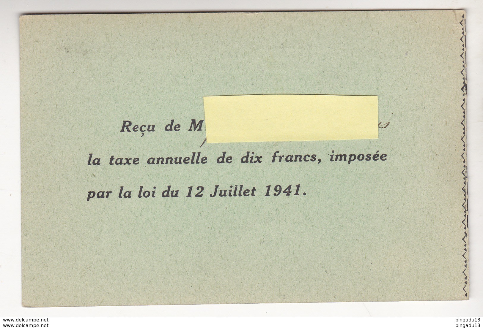 Fixe France Régime De Vichy Pétain Carte Sociétaire Société Vichyssoise Pêche à La Ligne Reçu Taxe Loi 12 Juillet 1941 - 1939-45