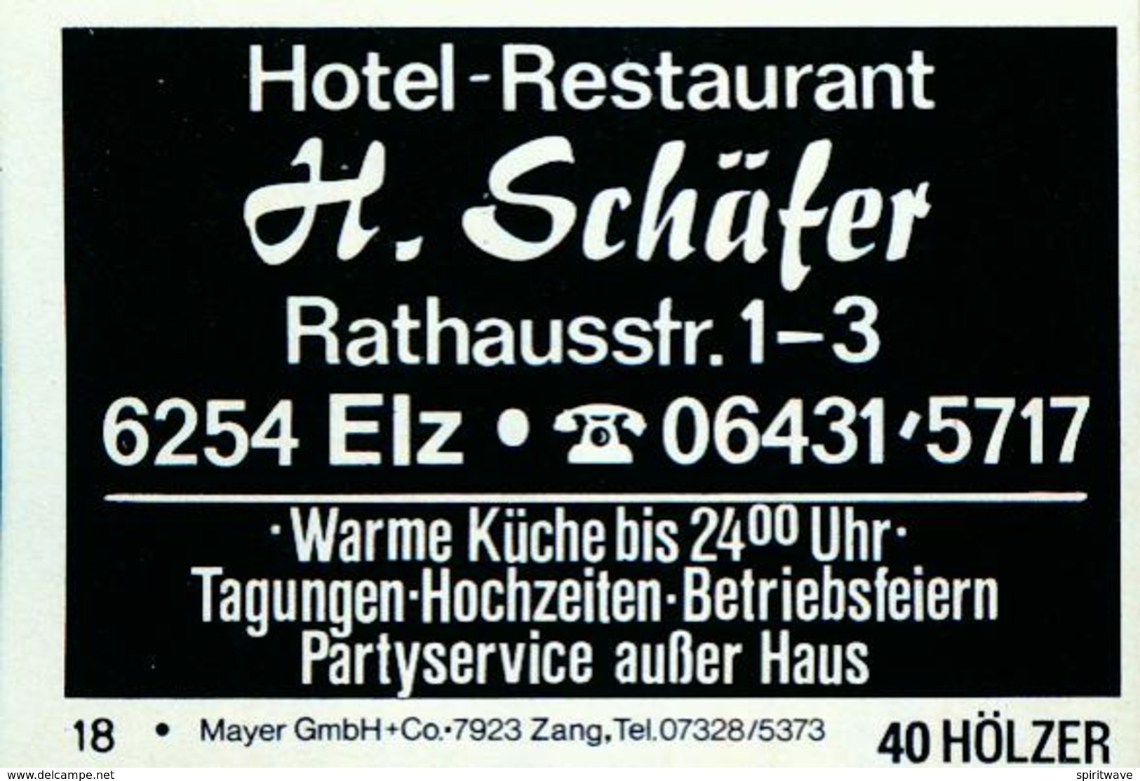 1 Altes Gasthausetikett, Hotel-Restaurant H.Schäfer, 6254 Elz, Rathausstr. 1-3 #205 - Matchbox Labels