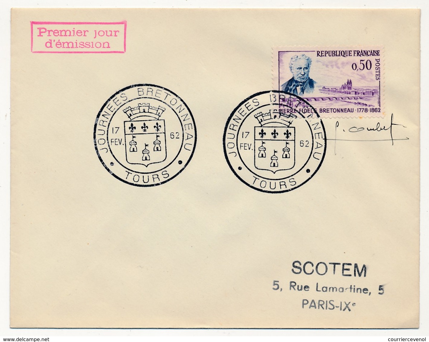 Enveloppe Scotem - 0,50 BRETONNEAU Oblit Illustrée Tours 1962 Signée P. COMBET - Lettres & Documents