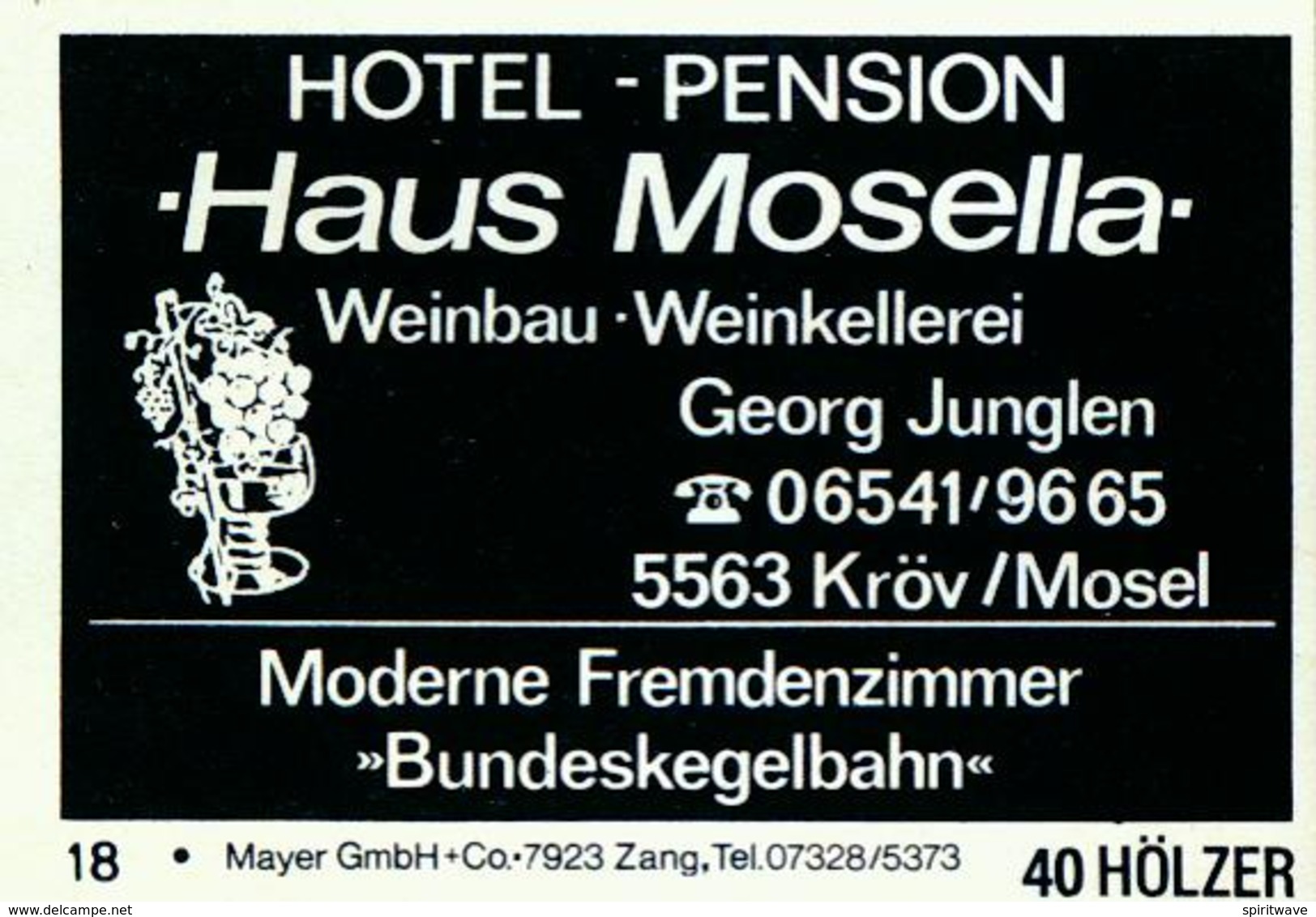 10 Alte Gasthausetiketten, Haus Mosella Hotel – Pension Weinbau Weinkellerei, Georg Junglen, 5563 Kröv/Mosel #207 - Matchbox Labels