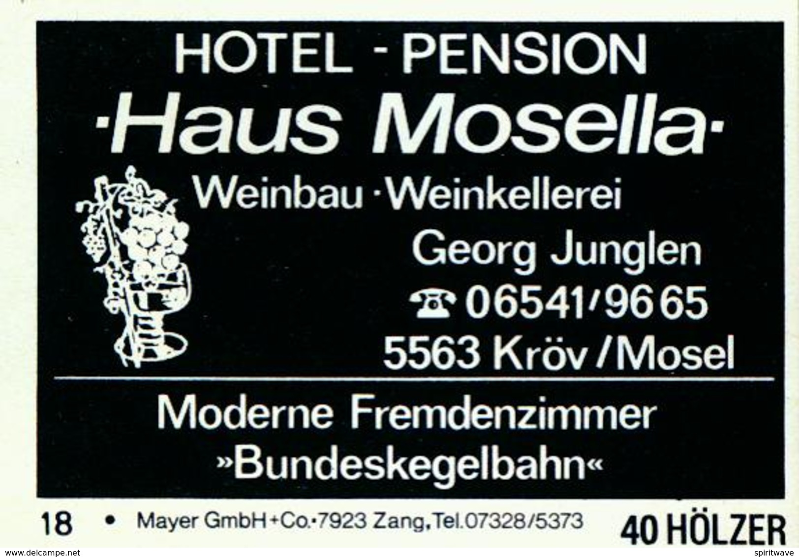 20 Alte Gasthausetiketten, Haus Mosella Hotel – Pension Weinbau Weinkellerei, Georg Junglen, 5563 Kröv/Mosel #207 - Zündholzschachteletiketten