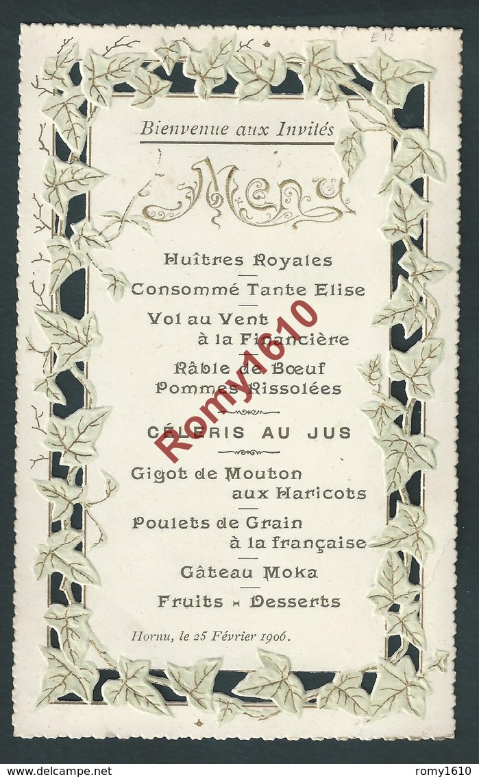 Menu  Gaufré, Entouré De Feuilles De Lierre Ajourées. Hornu (Hainaut, Boussu) 1906 - Menus