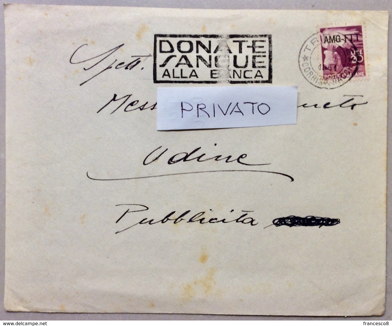 1951 TRIESTE DONATE SANGUE ALLA BANCA Sovrastampa AMG-FTT / Blood / Blut / Sangre - Marcophilia