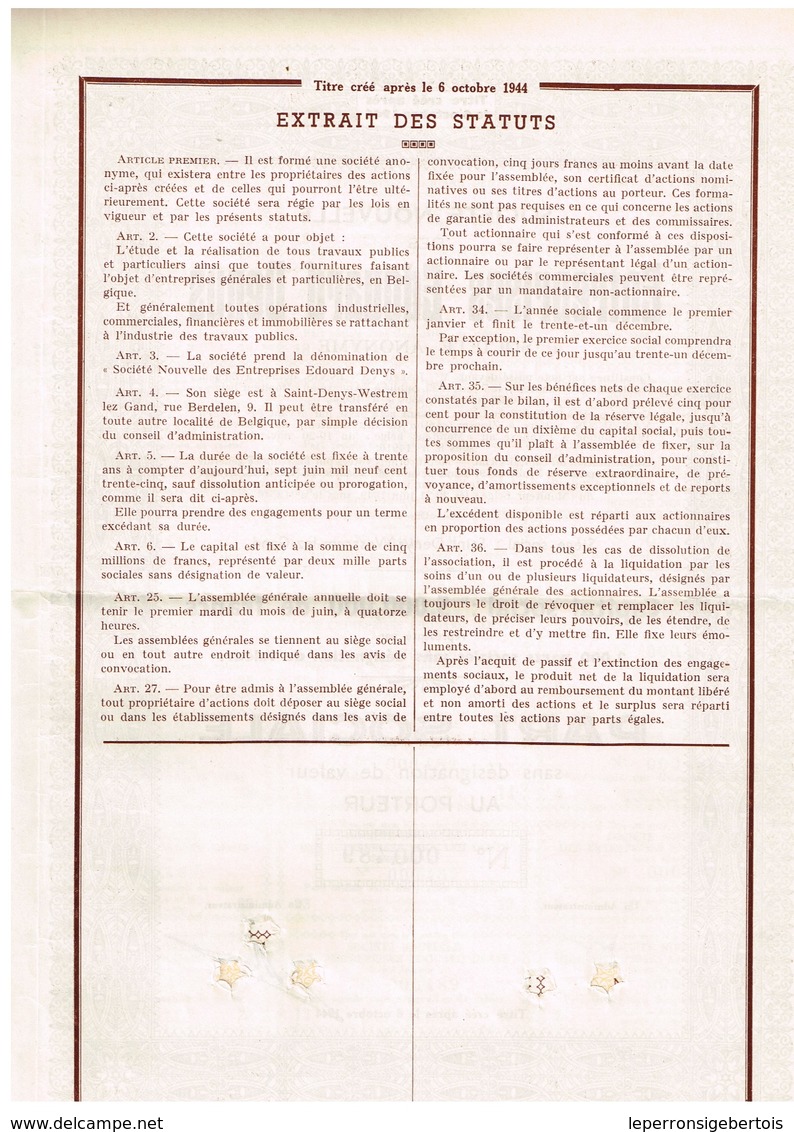 Titre Ancien - Société Nouvelle Des Entreprises Edouard Denys -Titre De 1949 - - Industrie