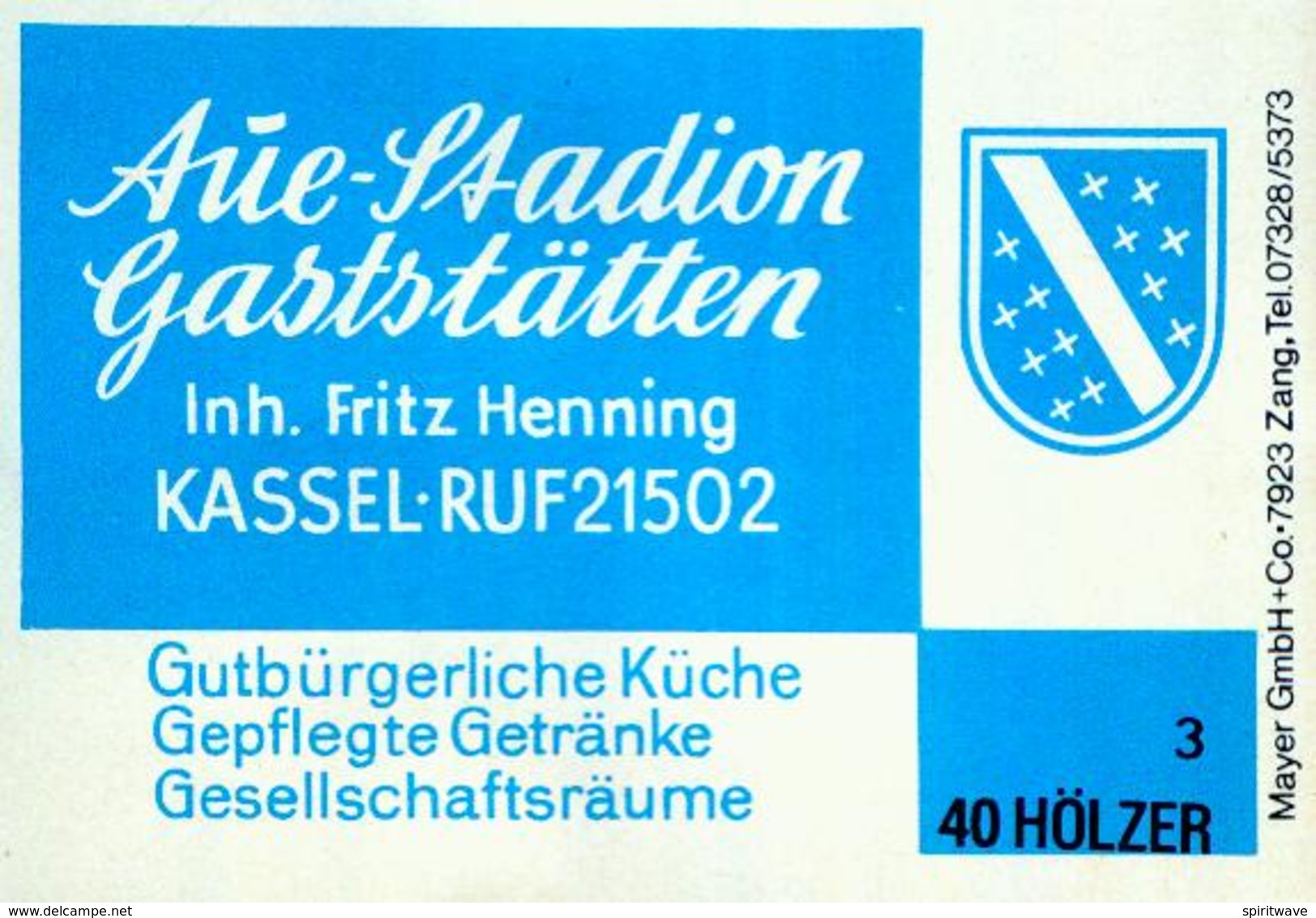 1 Altes Gasthausetikett, Aue-Stadion Gaststätten, Inh. Fritz Henning, Kassel #208 - Matchbox Labels