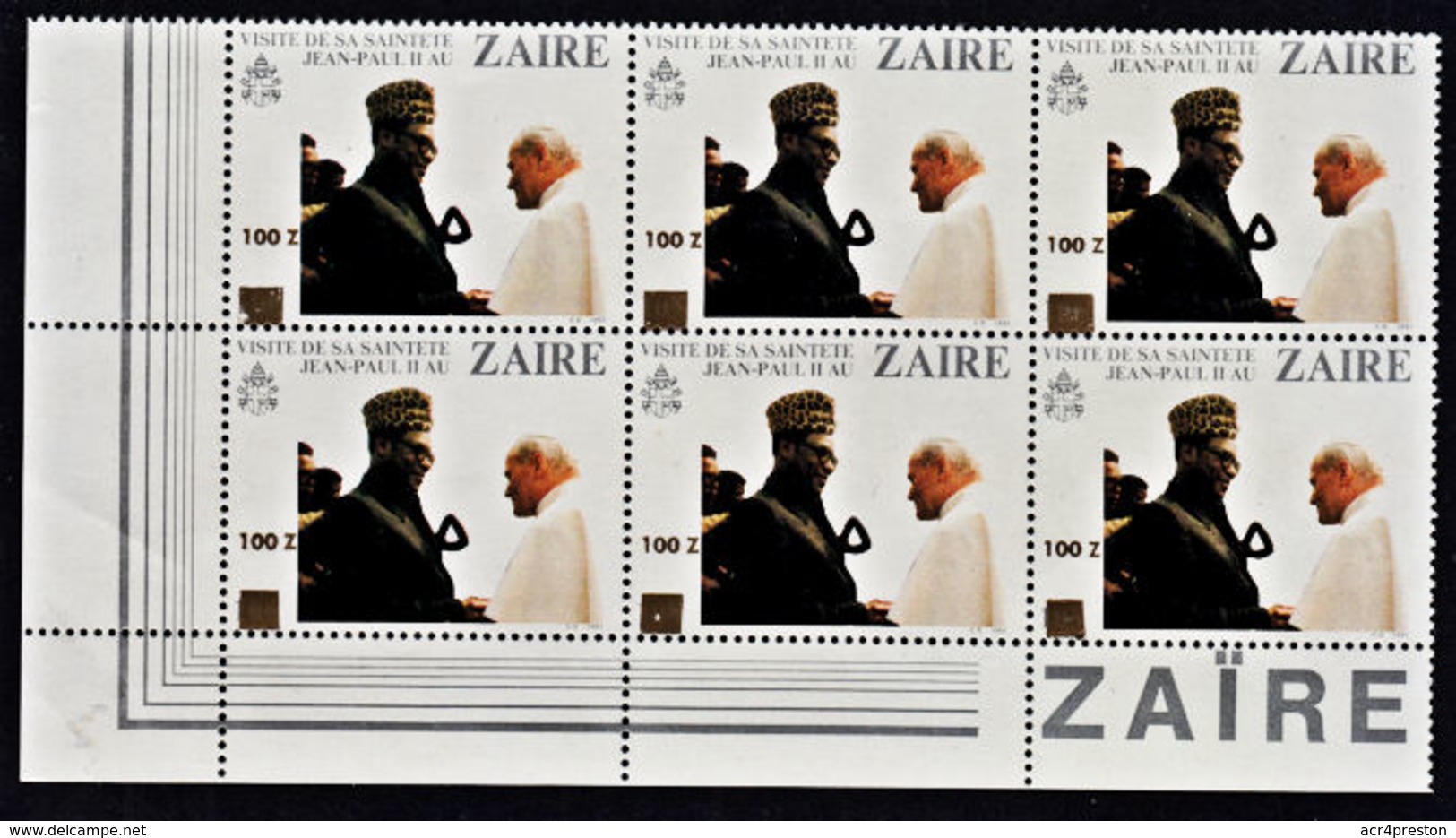 A0855 ZAIRE 1990, SG 1317 100Z Surcharge On Pope's Visit, MNH Marginal Block Of 6 - Nuevos