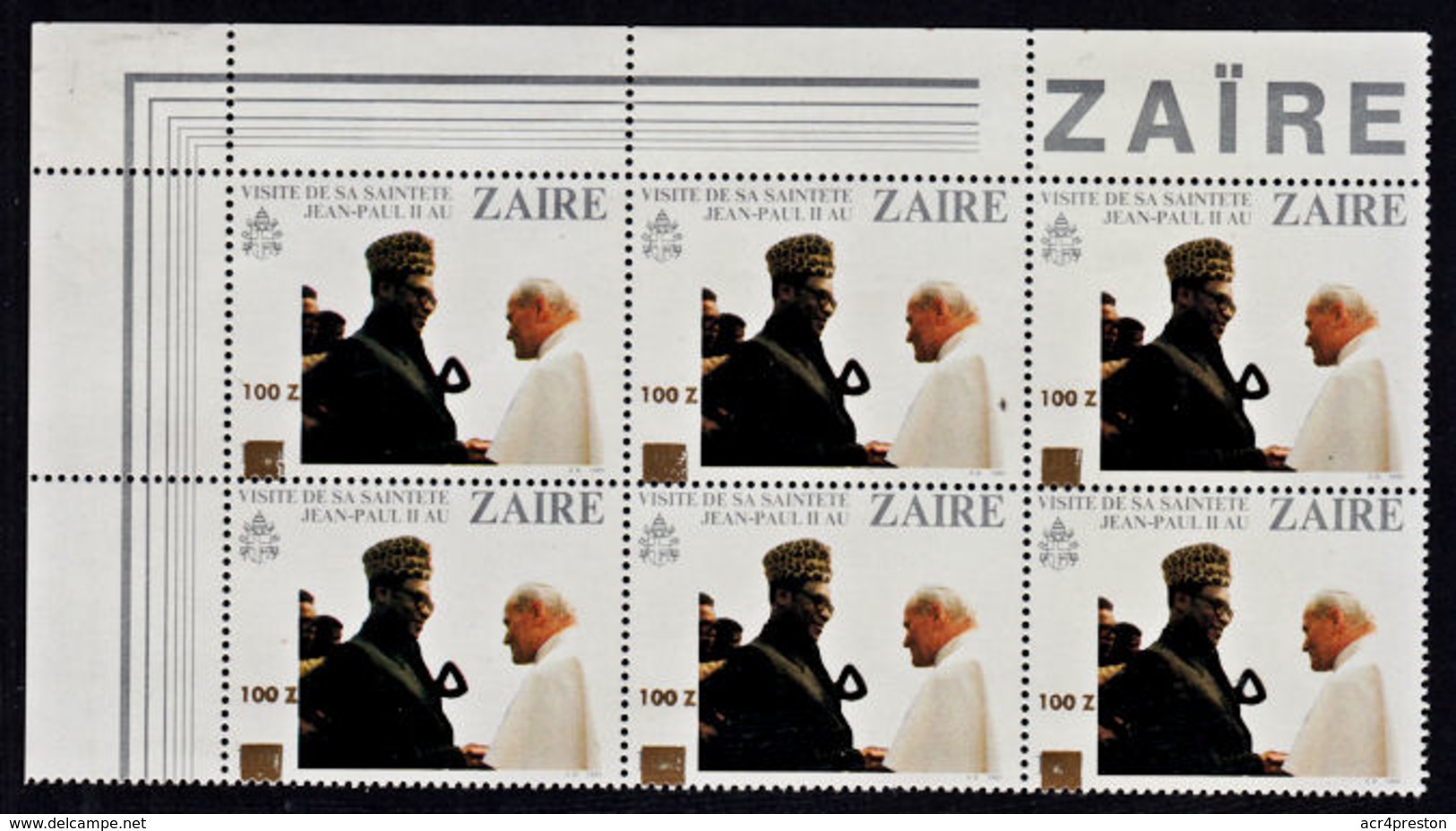 A0895 ZAIRE 1990, SG 1317 100Z Surcharge On Pope's Visit, MNH Marginal Block Of 6 - Nuevos