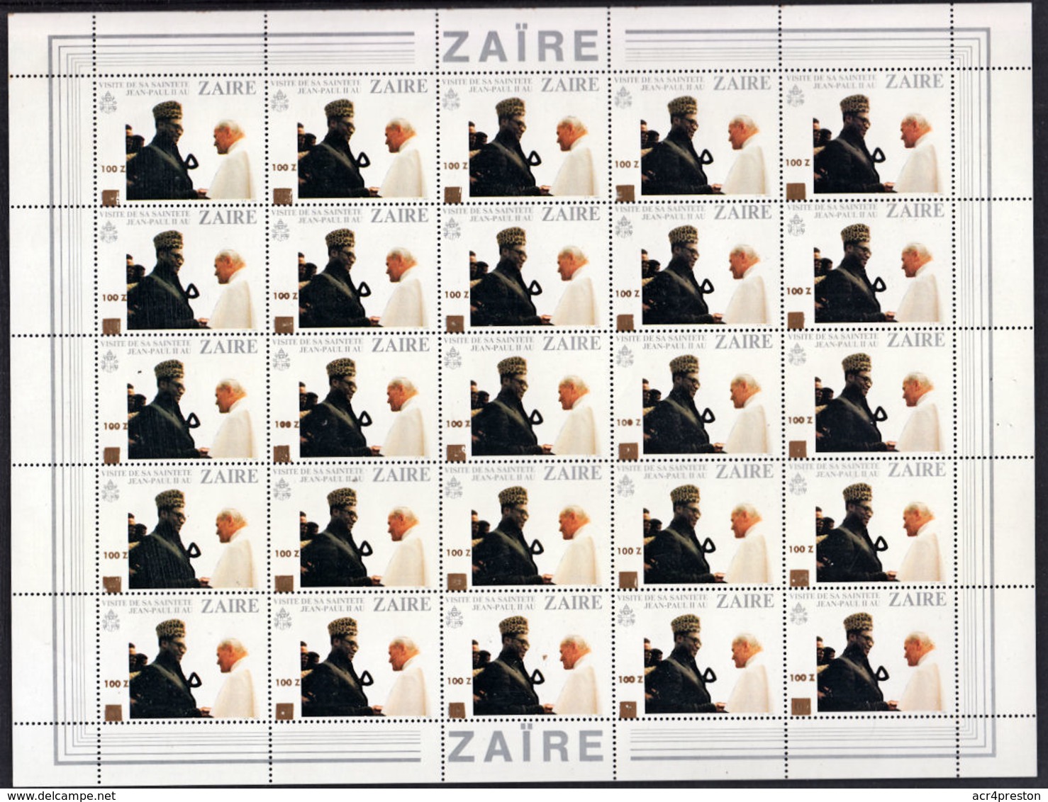 D0176 ZAIRE 1990, SG 1317 100Z Surcharge On Pope's Visit, Complete Sheet MNH - Nuevos