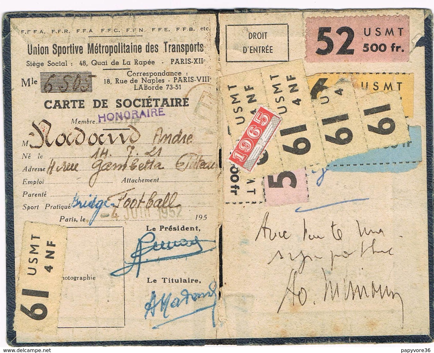 Carte De Sociétaire De L'Union Sportive Métropolitaine Des Transports ( USMT ) Dédicacée Alain MIMOUN - 1952 - Leichtathletik