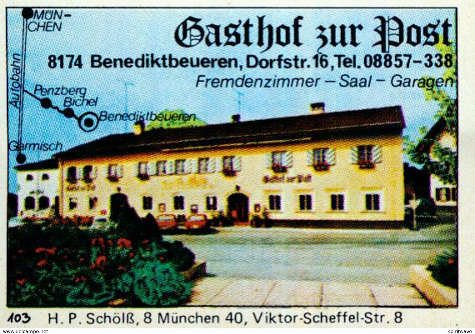 1 Altes Gasthausetikett, Gasthof Zur Post, 8174 Benedktbeuren, Dorfstr. 16 #211 - Matchbox Labels