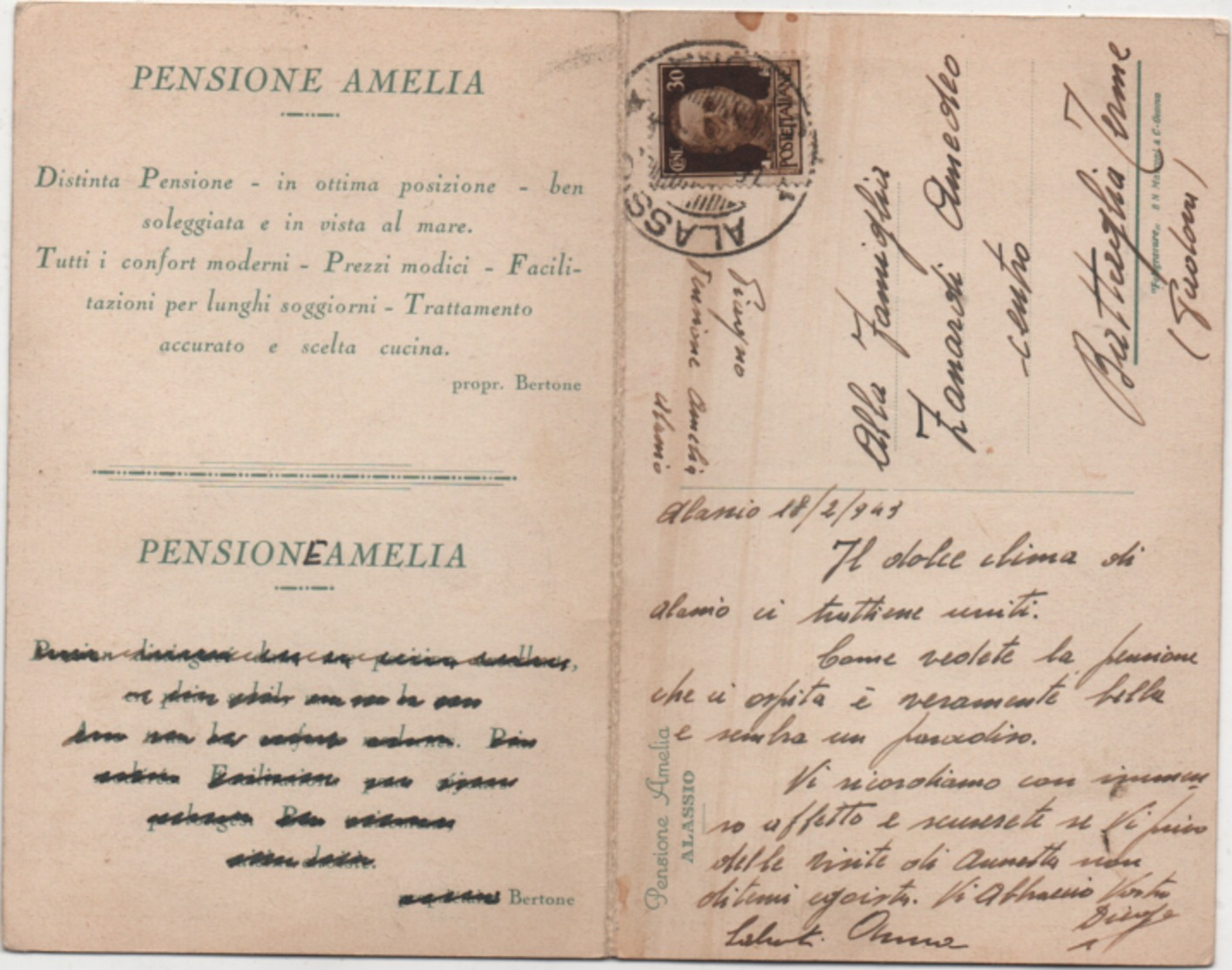 Alassio (Savona): Pensione Amelia. Cartolina Doppia Formato Piccolo Viaggiata 1943 - Alberghi & Ristoranti