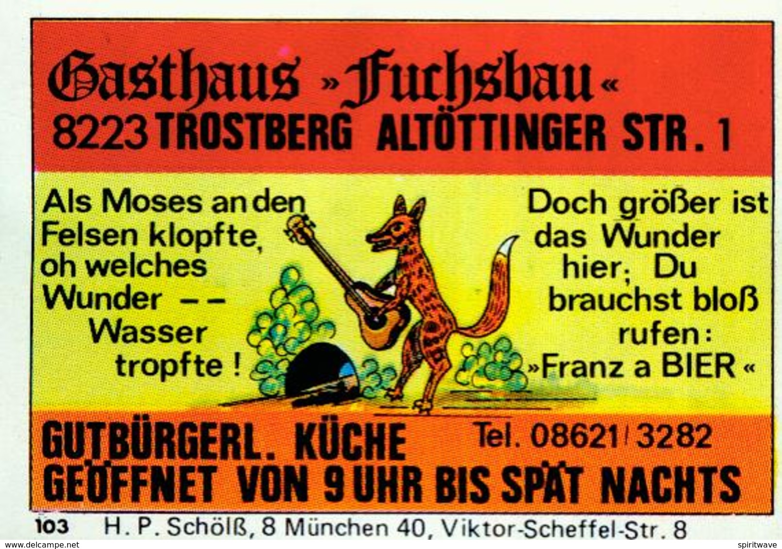 1 Altes Gasthausetikett, Gasthaus Fuchsbau, 8223 Trostberg, Altöttinger Str. 1 #215 - Matchbox Labels