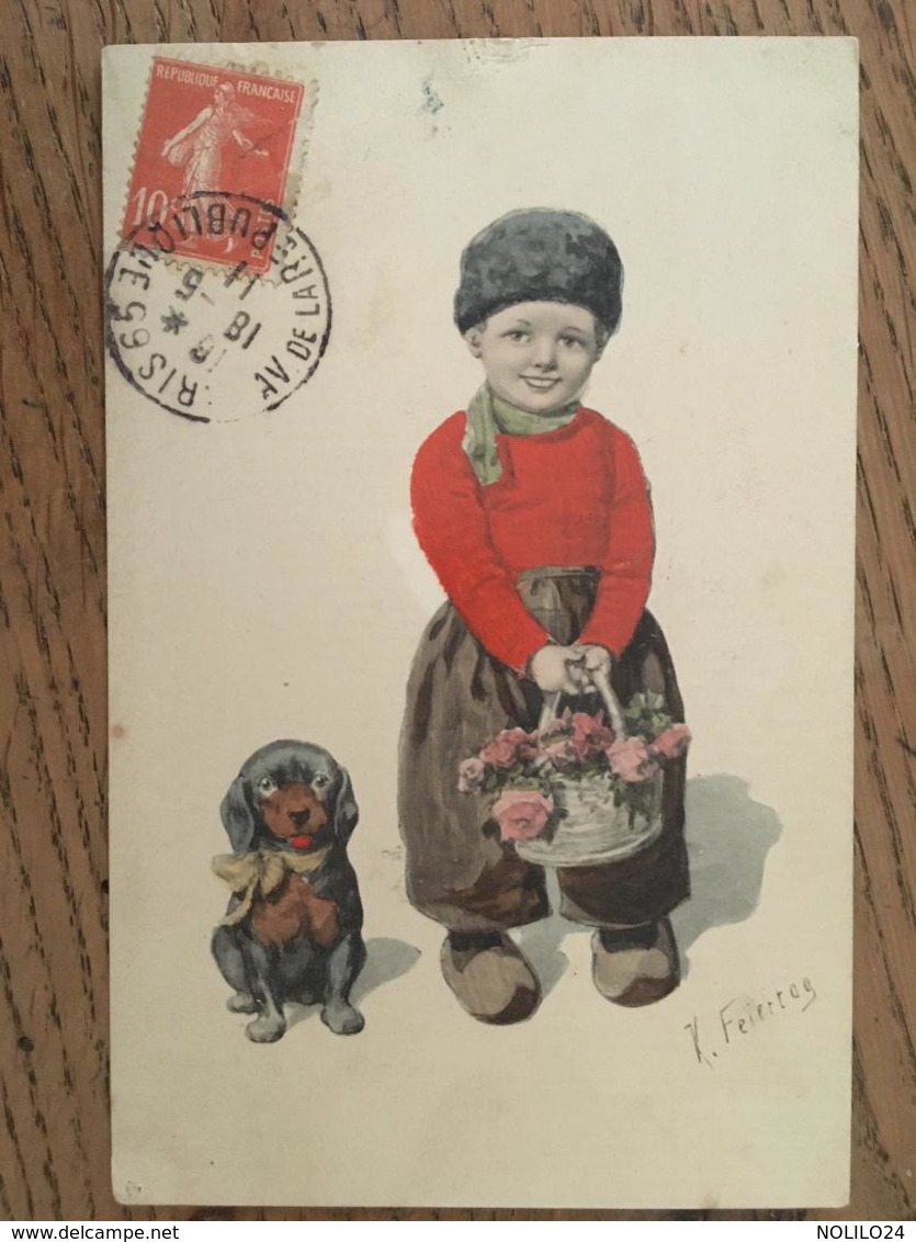 Cpa, Illustrateur FEIERTAG, écrite En 1911, Enfant Tenant Un Panier De Fleurs Avec Son Chien, - Feiertag, Karl