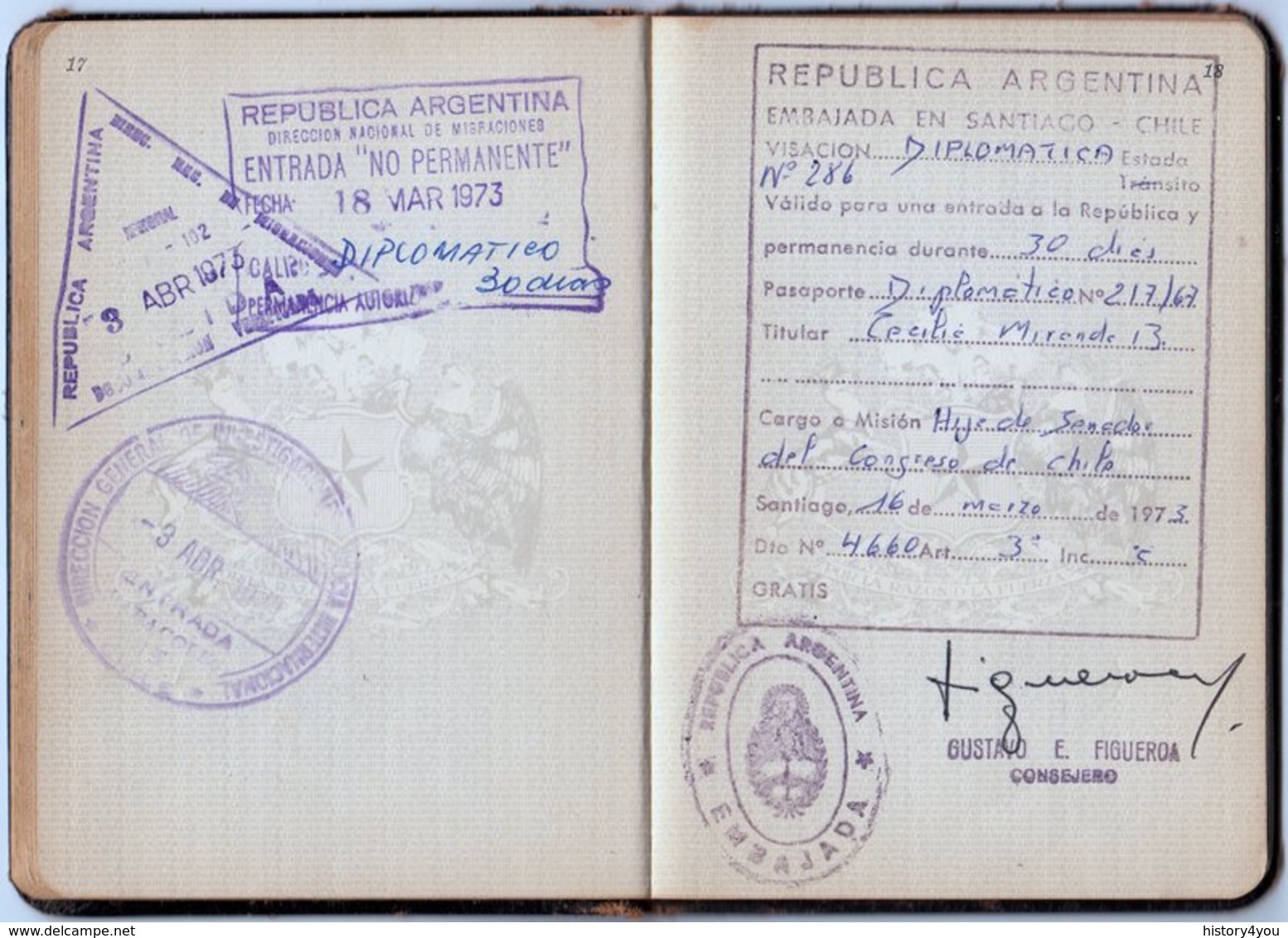 CHILE DIPLOMATIC Passport 1967 with visas DAUGHTER OF SENATOR