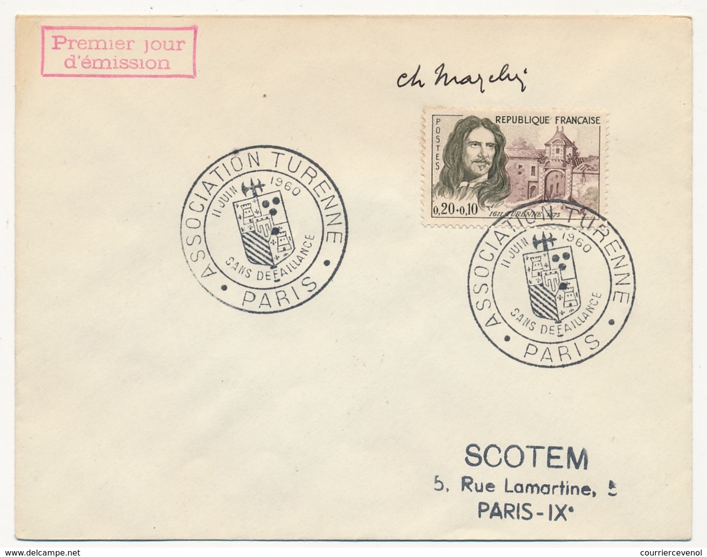 Enveloppe Scotem - 0,20 + 0,10 TURENNE Obl. Cachet Illustré Association Turenne Paris 1961 Signature MAZELIN - Lettres & Documents
