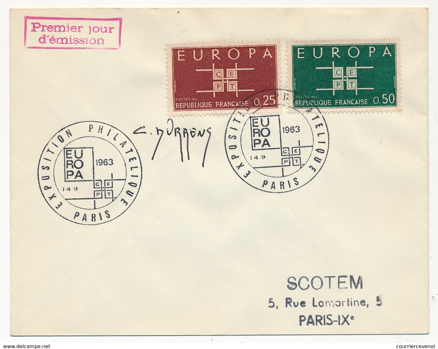 Enveloppe Scotem - Europa 1963 Obl. Illustrée Expo Philatélique Paris 1963 Signature C. DURRENS - Covers & Documents
