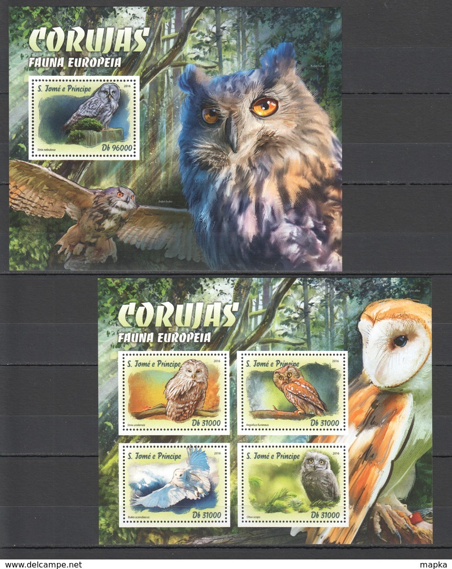 ST1447 2016 S. TOME E PRINCIPE EUROPEAN FAUNA BIRDS OWLS 1KB+1BL MNH - Búhos, Lechuza