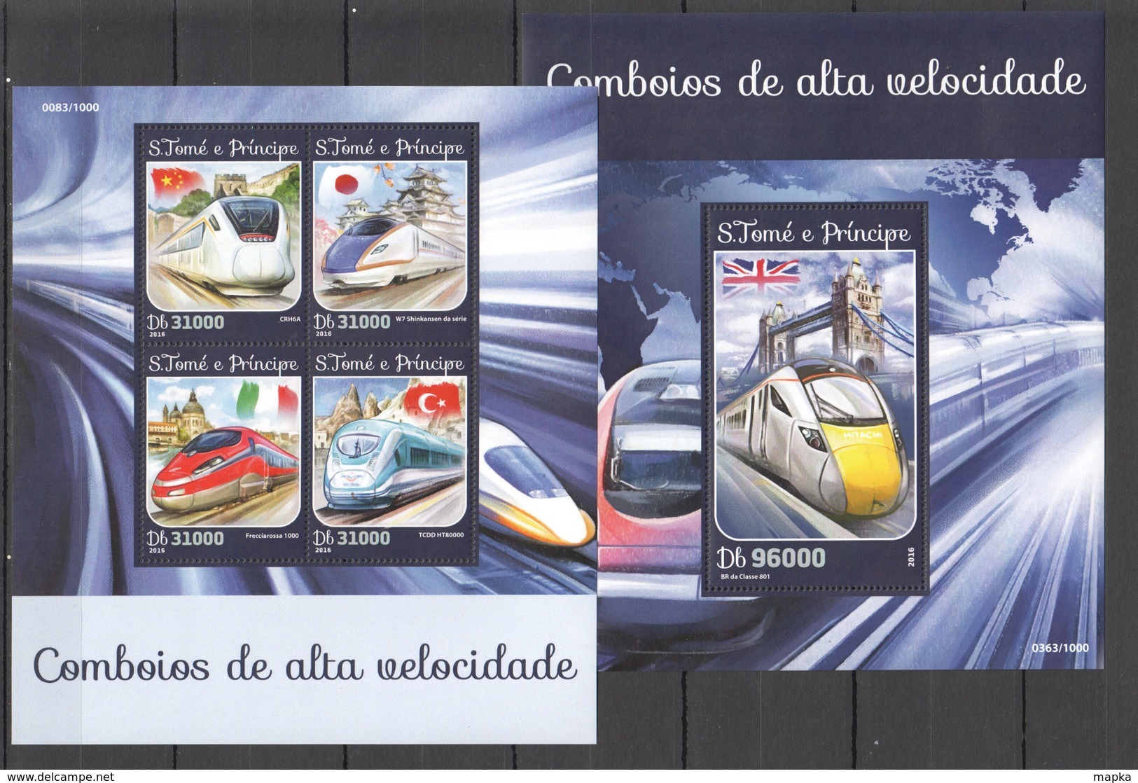 ST1566 2016 S. TOME E PRINCIPE TRANSPORT SPEED TRAINS 1KB+1BL MNH - Trains