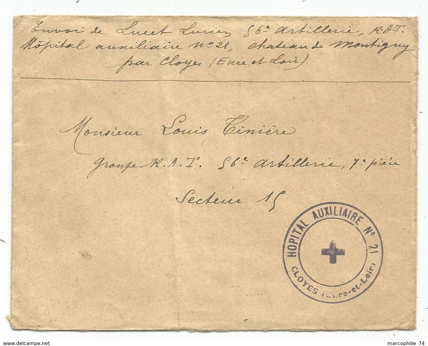 LETTRE FM CLOYES EURE ET LOIR CACHET VIOLET HOPITAL AUXILIAIRE N°21 - Guerre De 1914-18