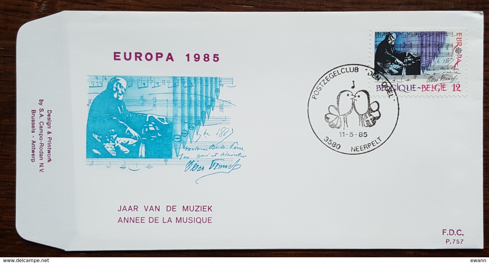 Belgique - FDC 1985 - YT N°2175 - Europa / Année Européenne De La Musique - 1981-1990