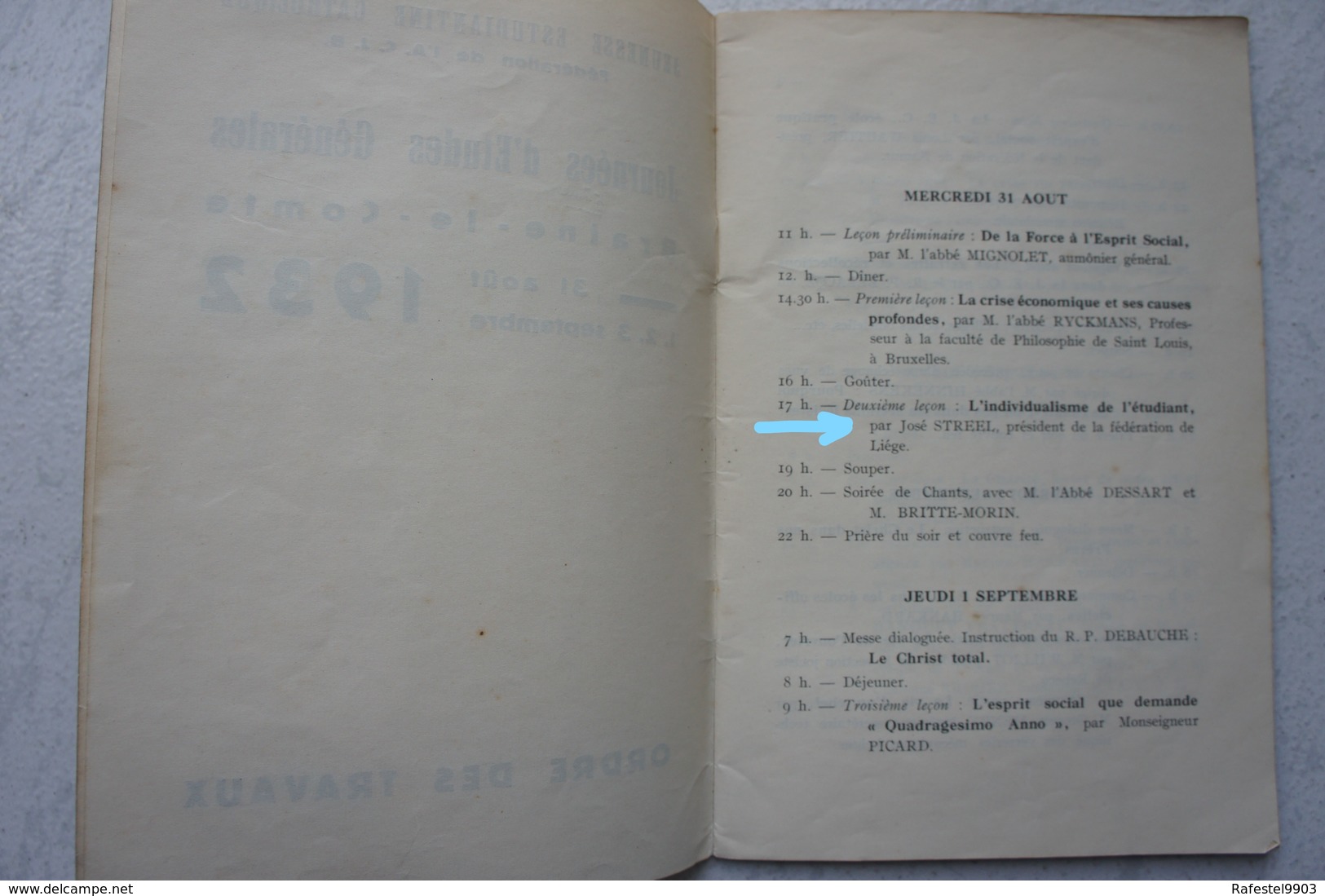 Plaquette Journée D'études Générales BRAINE LE COMTE 1932 ACJB Intervention José STREEL Rex Rexisme JEC - Non Classés