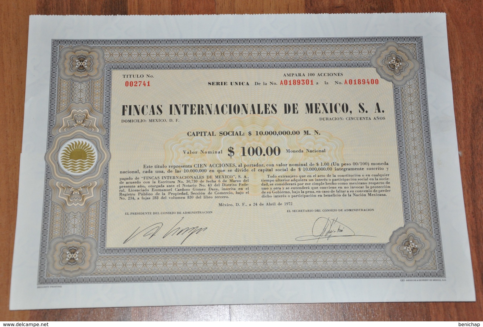 Fincas Internacionales De Mexico, S.A. - 1972 - 100 Acciones. - Bank En Verzekering