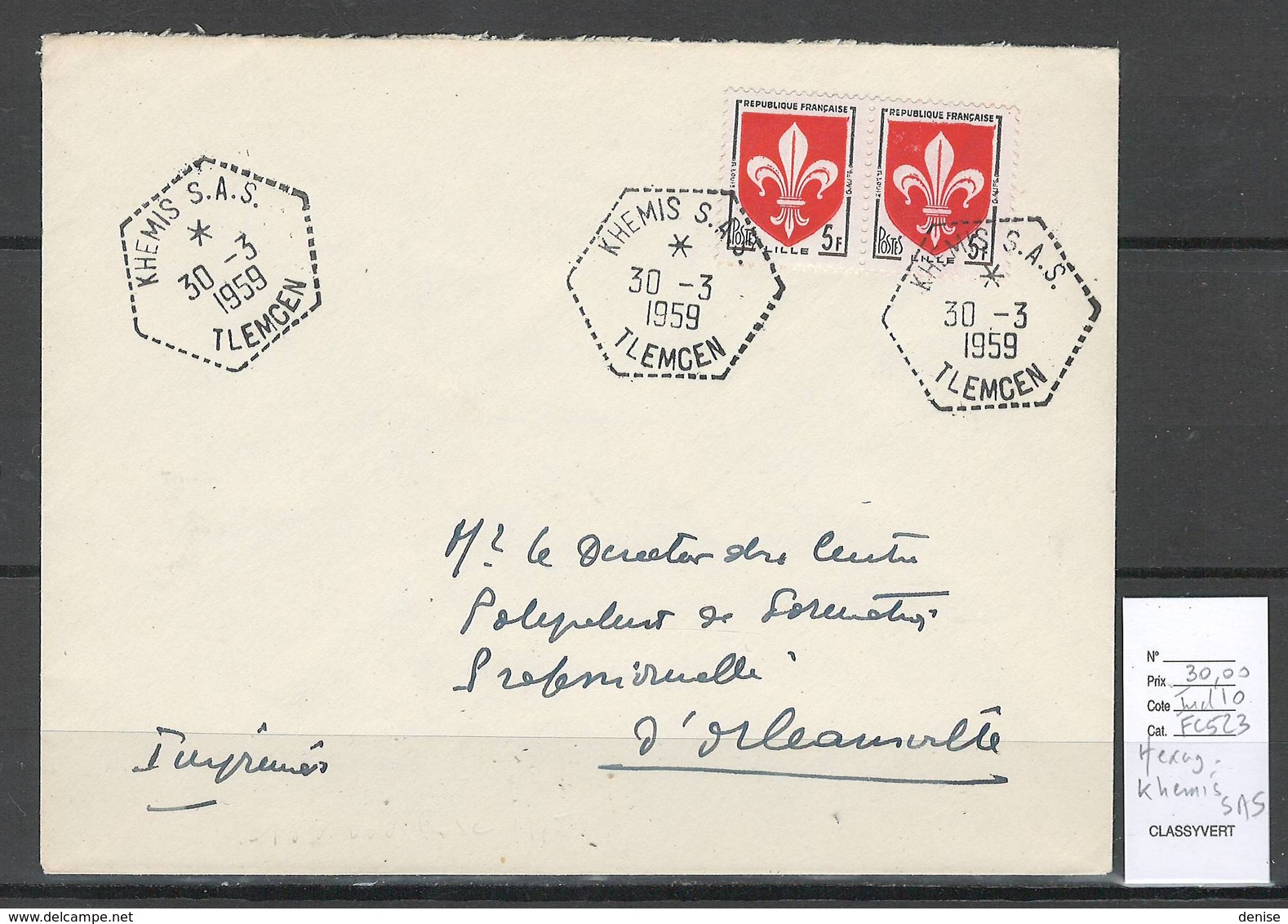 Algerie - Lettre  - Cachet Hexagonal KHEMIS SAS -  Marcophilie - Cartas & Documentos