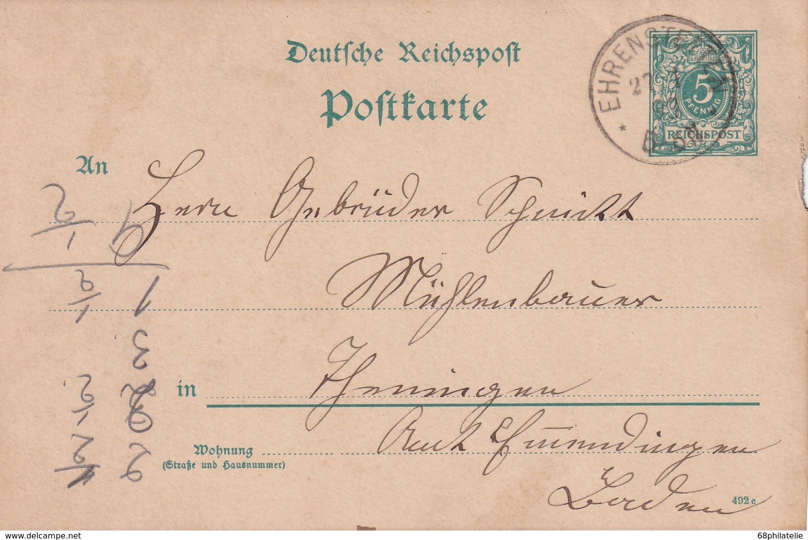 ALLEMAGNE 1893   ENTIER POSTAL/GANZSACHE/POSTAL STATIONERY CARTE DE EHRENSTETTEN - Other & Unclassified