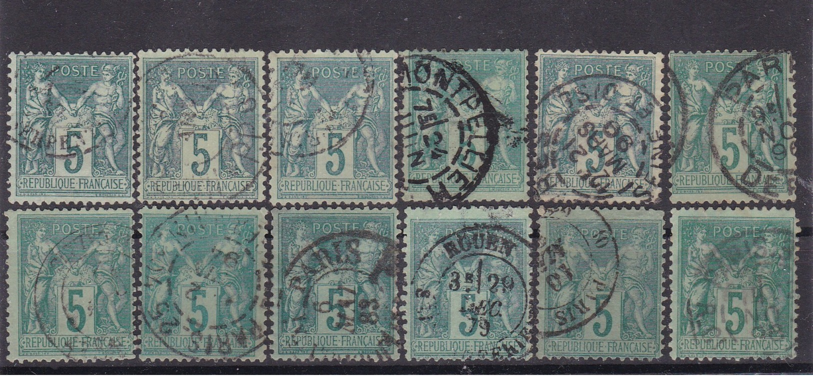 # Z.10869 France Republic 1876 - 78 Type II. 12 X Value 5c. Used Different Pmk, Yvert 75, Michel 59 II: Pax & Mercur - 1876-1898 Sage (Tipo II)